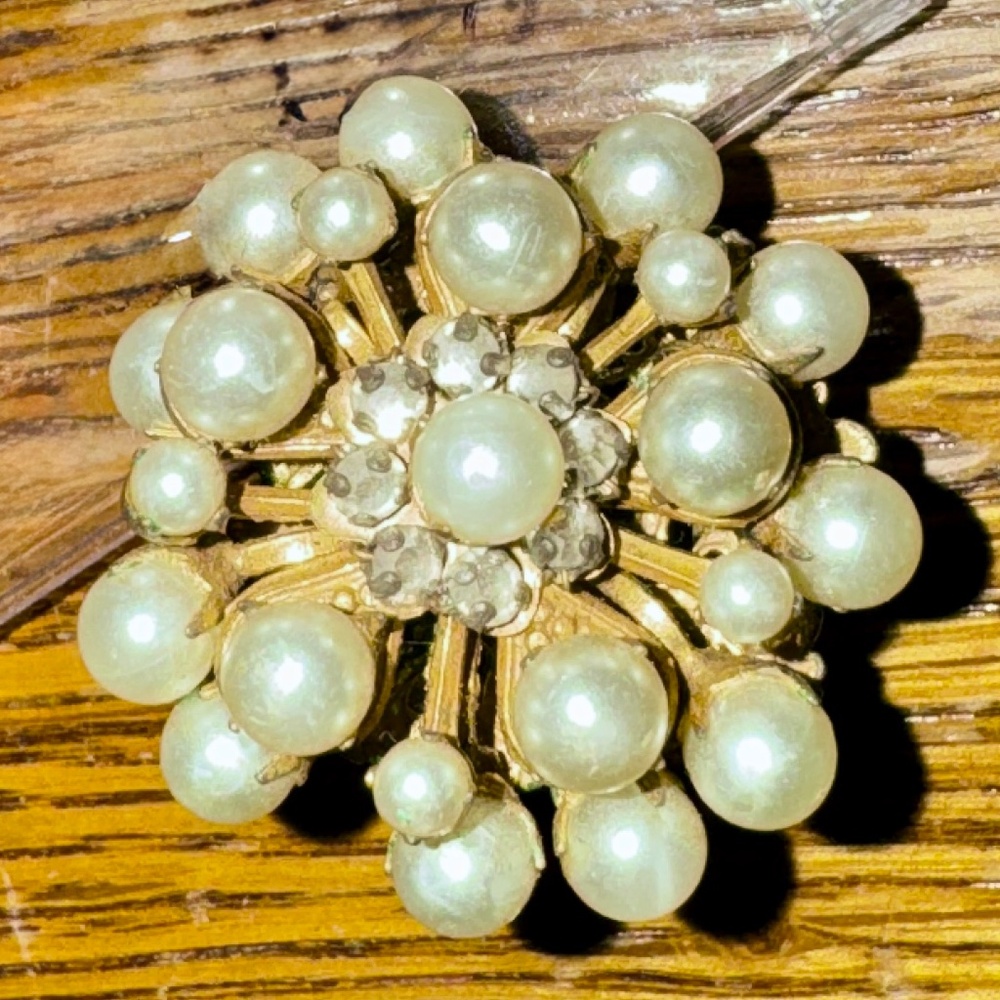 RARE Vintage Miriam Haskell Faux Pearl, Rhonestones and Gold Clip On Earrings